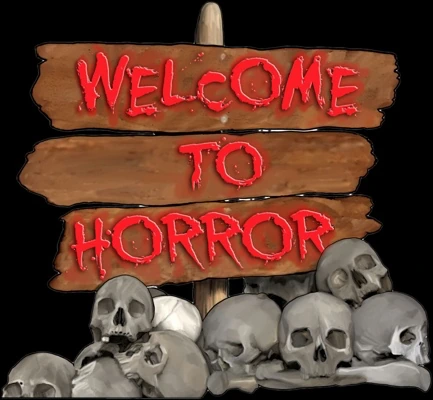 The original Welcome to Horror logo drawn by Westley Smith: the show's title carved into weathered wooden signs in dripping red paint, mounted above a pile of skulls